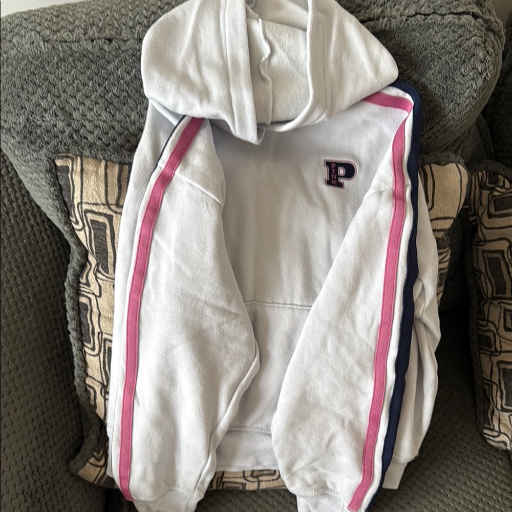PINK Victoria's Secret White Hoodie with Pink and Blue Stripes
